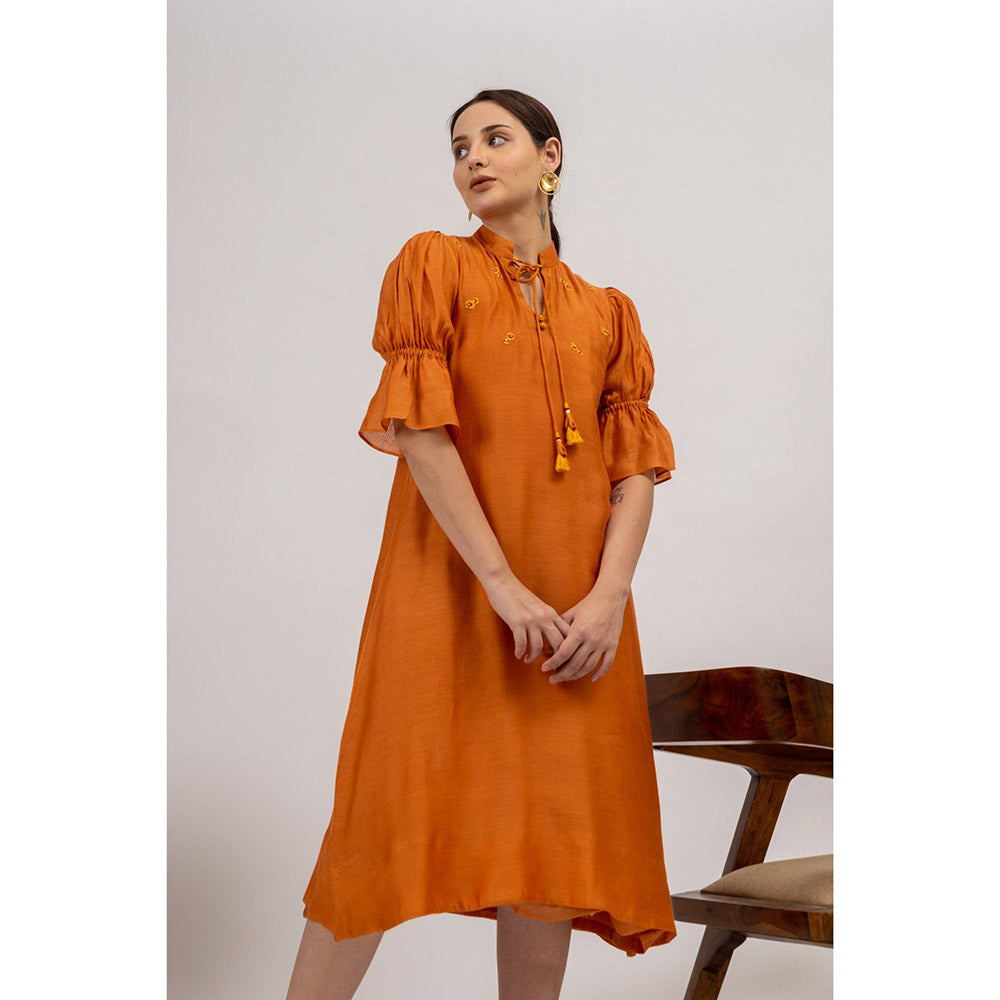 Mushio Women's Amber Silk Embroidered Orange Slip And Midi Dress (Set of 2)