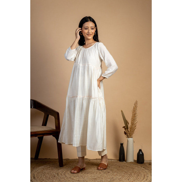 Mushio Women's Ujavani Silk Solid Off White Anarkali Kurta With Pant (Set of 2)