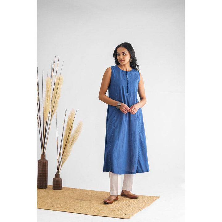 Mushio Women's Lavanya Cotton Silk Solid Navy Blue Kurta