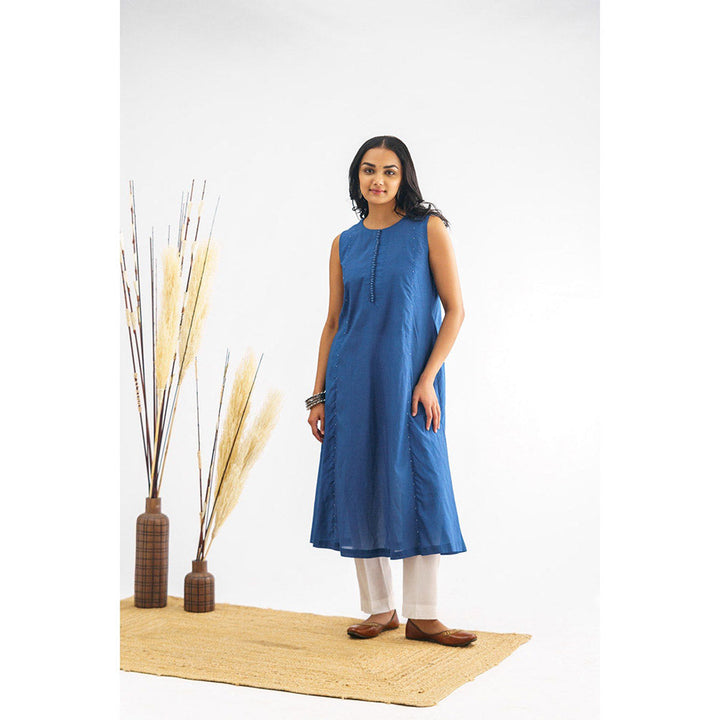 Mushio Women's Lavanya Cotton Silk Solid Navy Blue Kurta