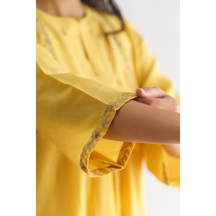 Mushio Women's Utsav Chanderi Embroidered Yellow Kurta With Slip (Set of 2)