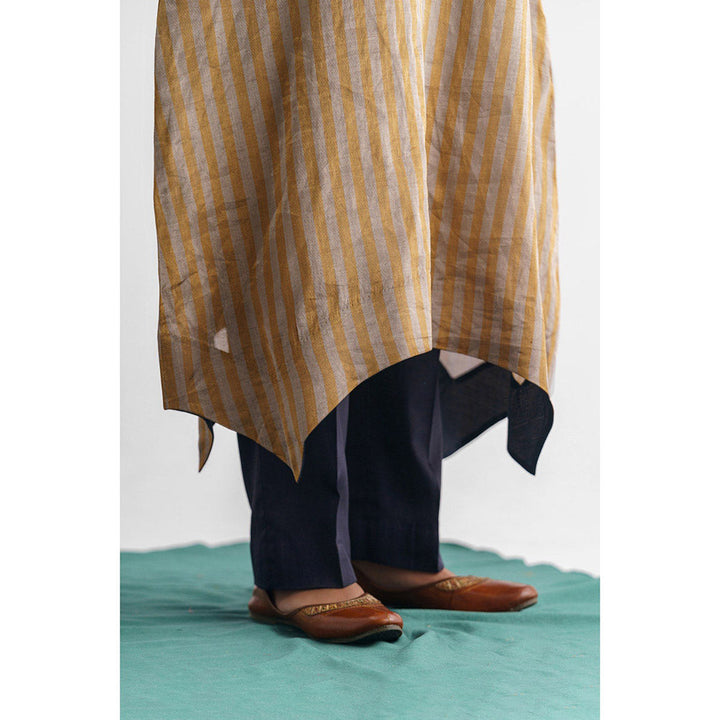 Mushio Women's Cotton Silk Solid Navy Blue Pants
