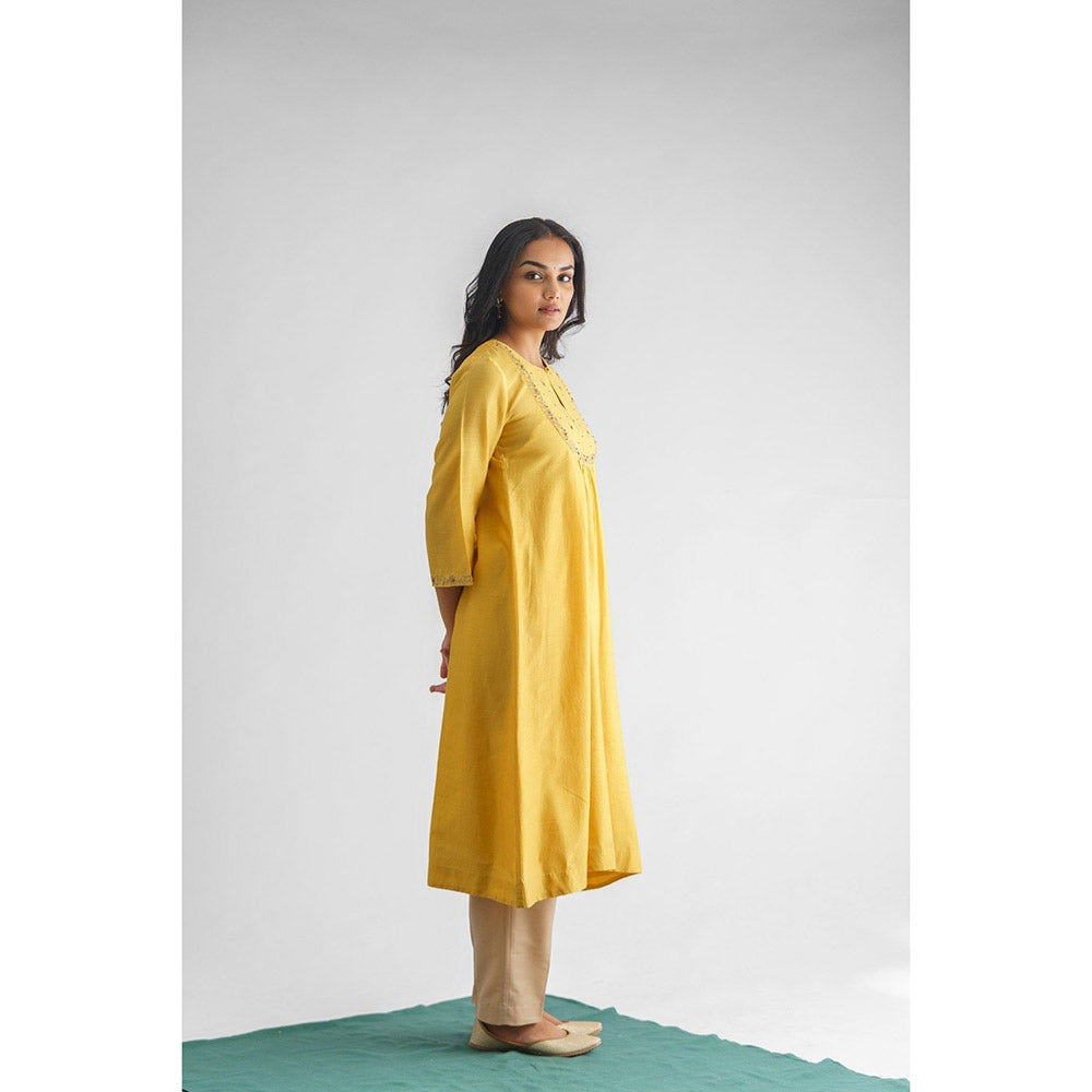 Mushio Women's Utsav Chanderi Embroidered Yellow Kurta With Slip And Pant (Set of 3)
