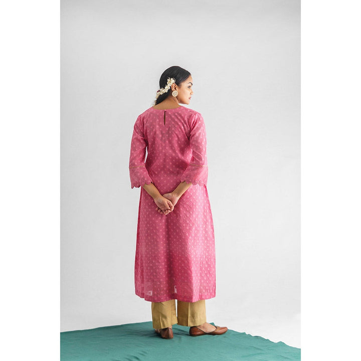 Mushio Women's Madhurima Chanderi Floral Pink Kurta With Slip And Pant (Set of 3)