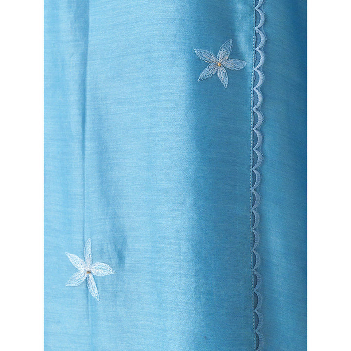 Mushio Blue Floral Embroidery Chanderi Ujwala Kurta (Set of 2)