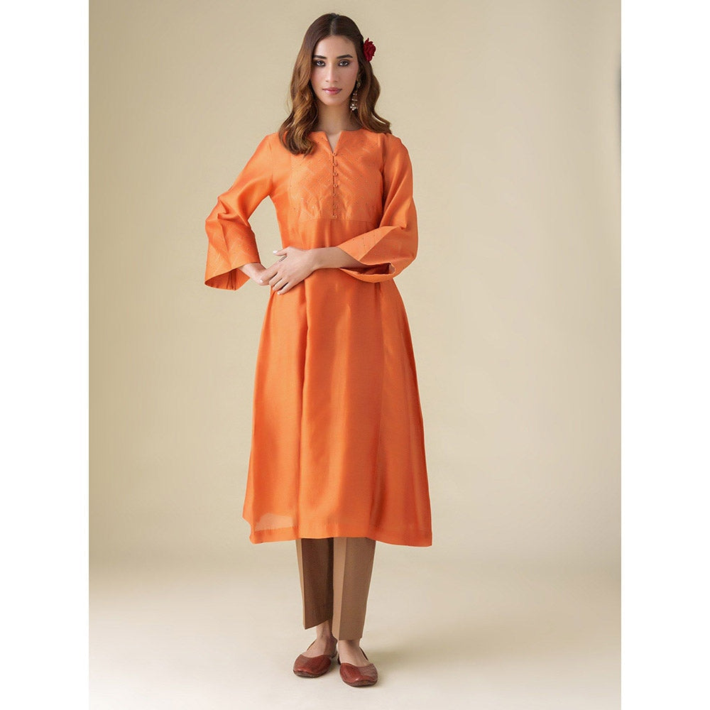 Mushio Orange Chanderi Sandhya Kurta with Zari Embroidery Slip (Set of 2)