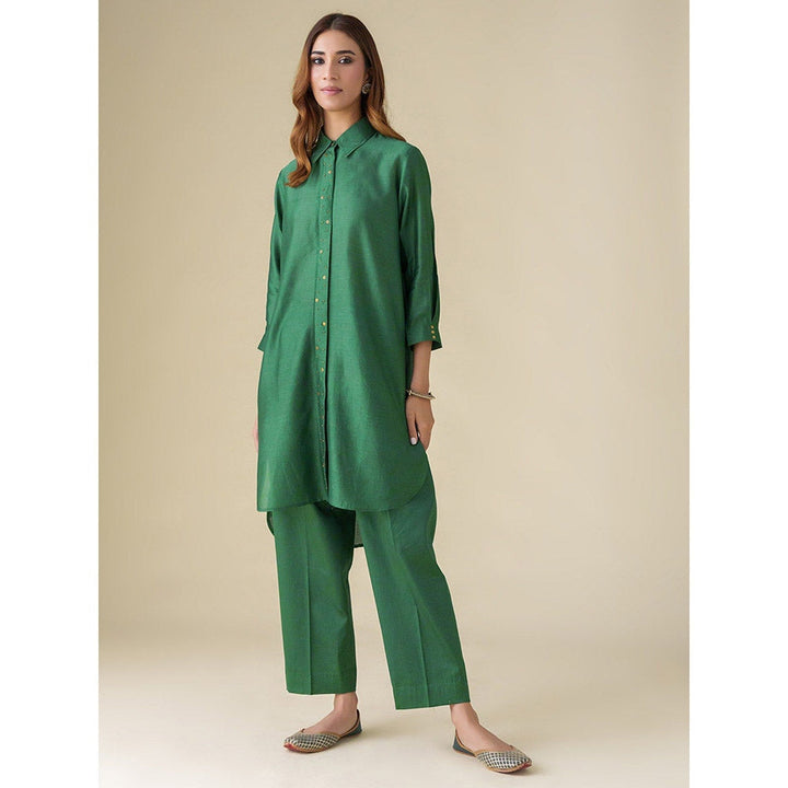Mushio Bottle Green Chanderi Embellished Prisha Tunic with Pants Co-Ord (Set of 2)