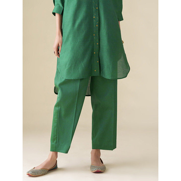 Mushio Bottle Green Chanderi Embellished Prisha Tunic with Pants Co-Ord (Set of 2)