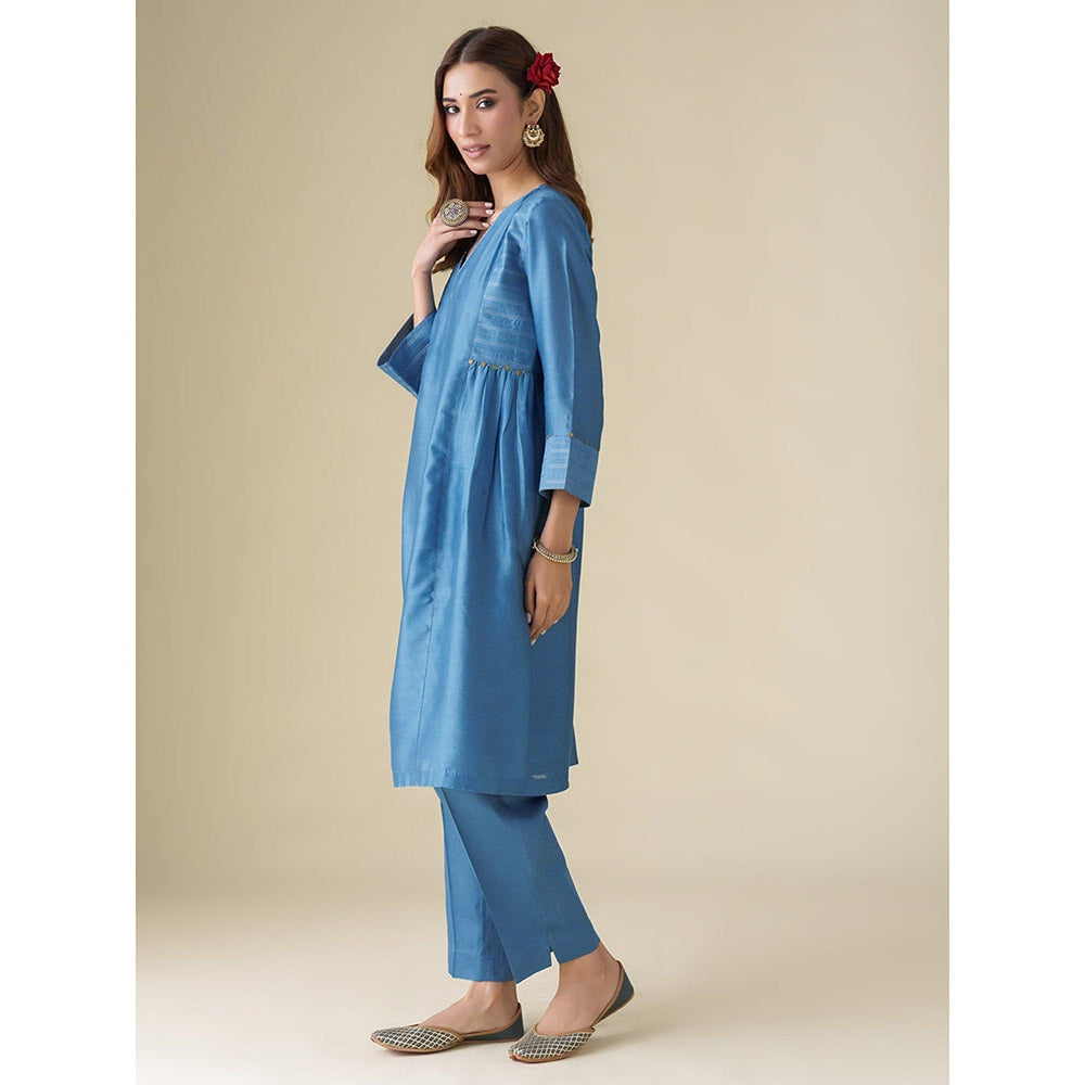 Mushio Blue Embellished Chanderi Vaayu Kurta with Slip with Pants Co-Ord (Set of 3)