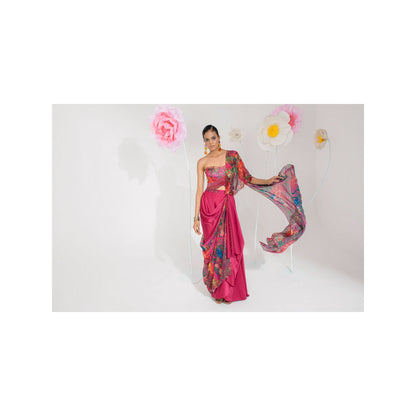 Muskan Aggarwal Mirab Embellished Floral Print Pre-Draped Saree with Stitched Blouse