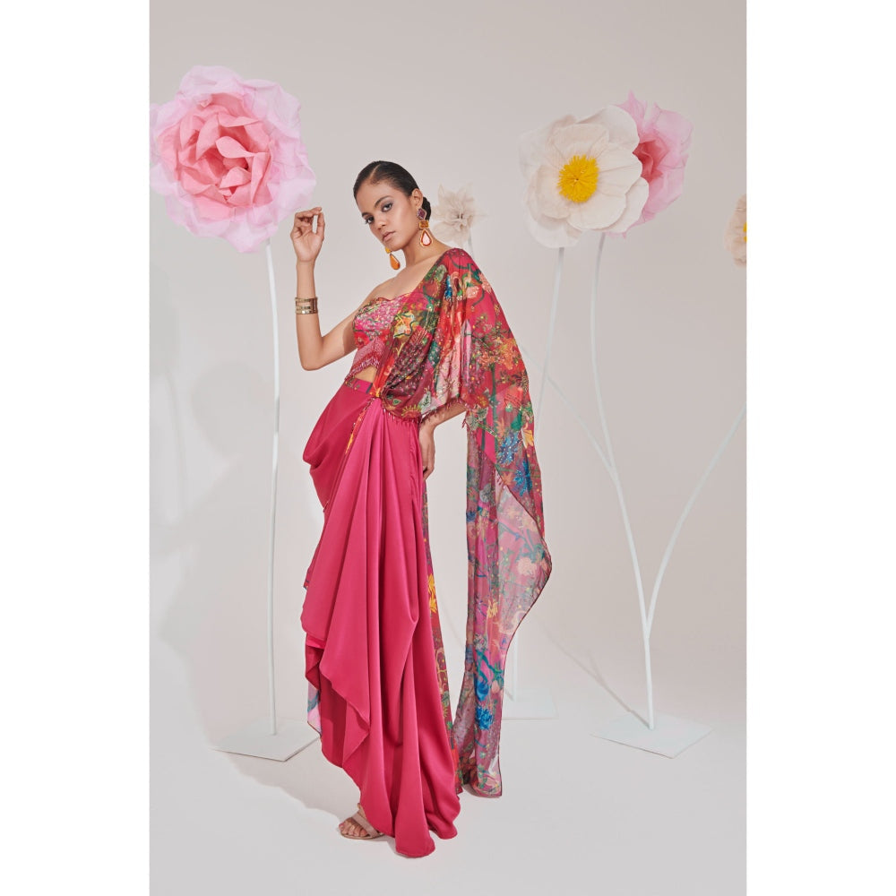 Muskan Aggarwal Mirab Embellished Floral Print Pre-Draped Saree with Stitched Blouse