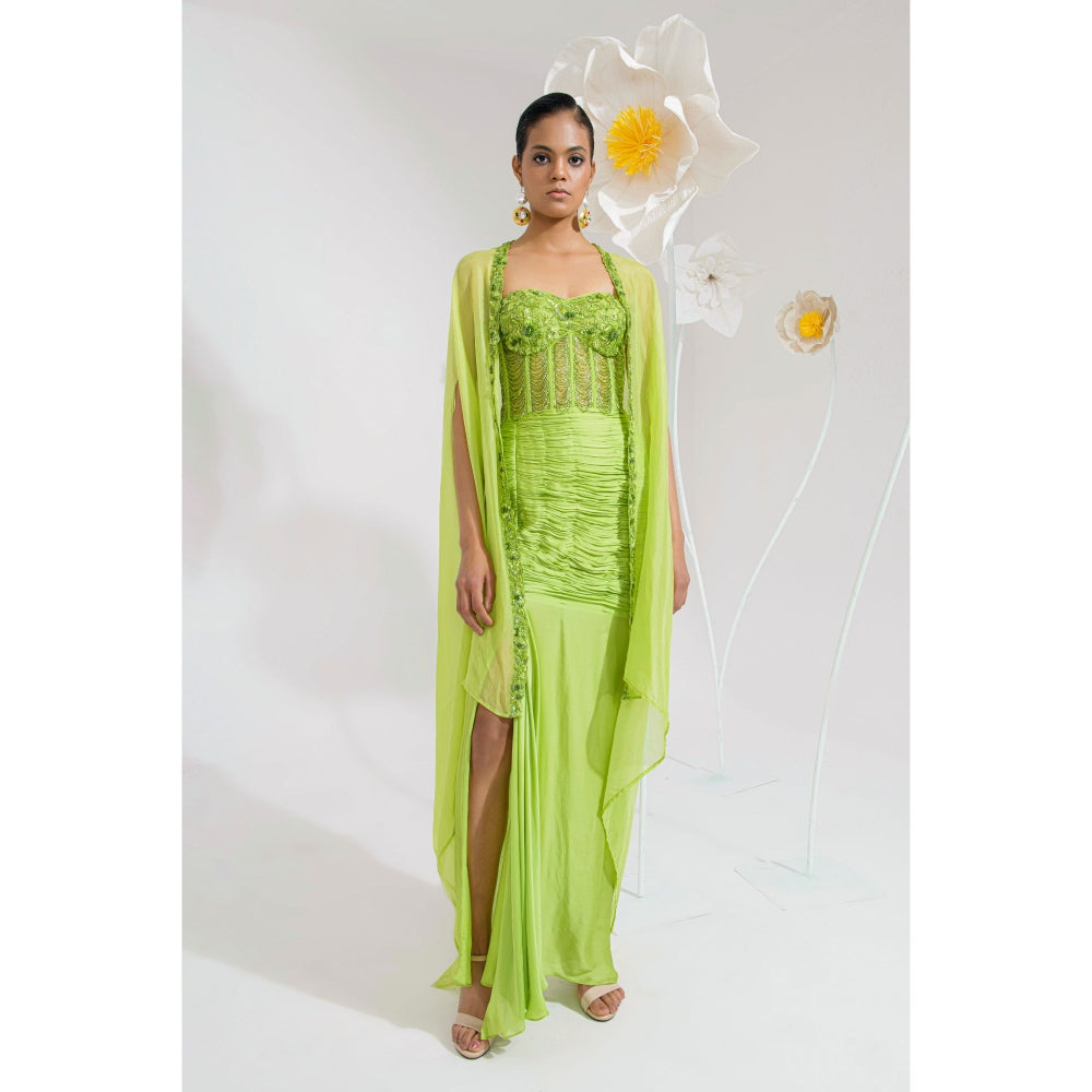 Muskan Aggarwal Amaris Green Embellished Dress and Cape (Set of 2)