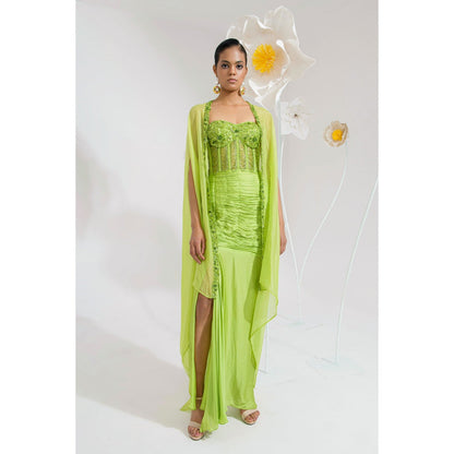 Muskan Aggarwal Amaris Green Embellished Dress and Cape (Set of 2)