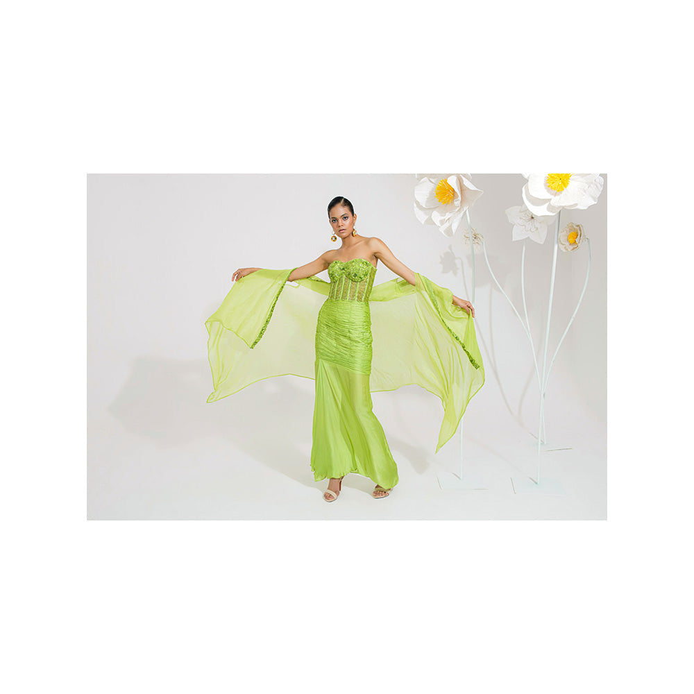 Muskan Aggarwal Amaris Green Embellished Dress and Cape (Set of 2)