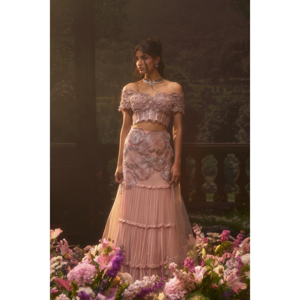 Muskan Aggarwal Nova Corset Pink Stitched Blouse with Lehenga and Dupatta