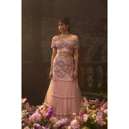 Muskan Aggarwal Nova Corset Pink Stitched Blouse with Lehenga and Dupatta