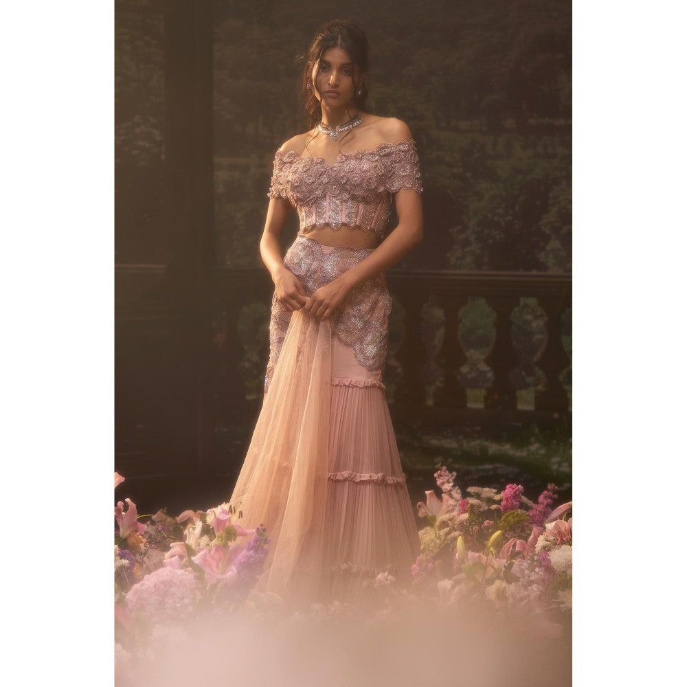 Muskan Aggarwal Nova Corset Pink Stitched Blouse with Lehenga and Dupatta