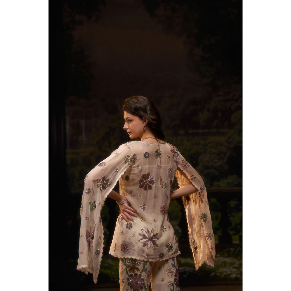 Muskan Aggarwal Womens Net Embroidered Cream Crop Top with Cape and Pant