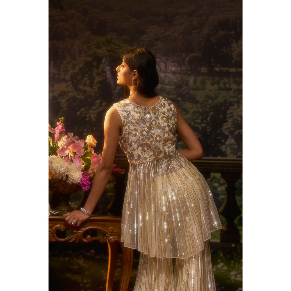 Muskan Aggarwal Womens Organza Sequined Ivory Co-Ord Set