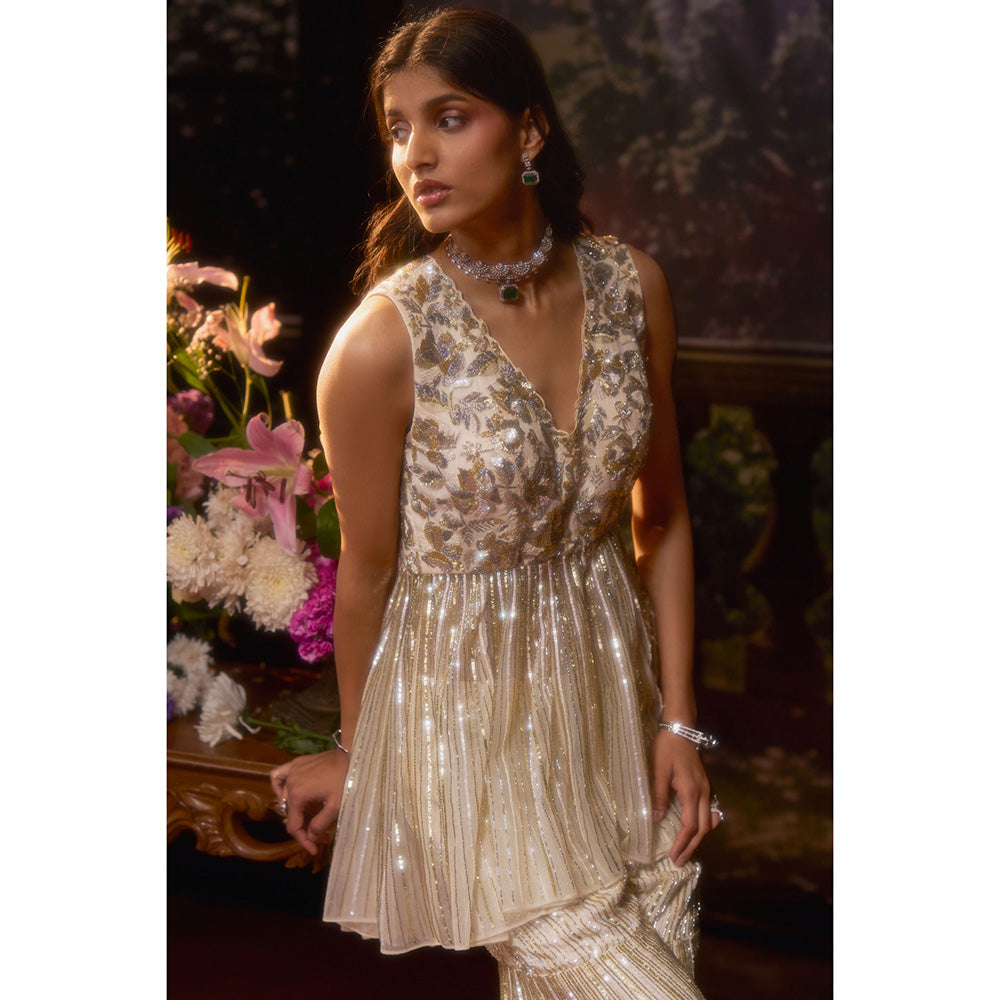 Muskan Aggarwal Womens Organza Sequined Ivory Co-Ord Set