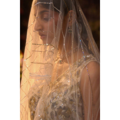 Muskan Aggarwal Womens Organza Sequined Ivory Co-Ord Set