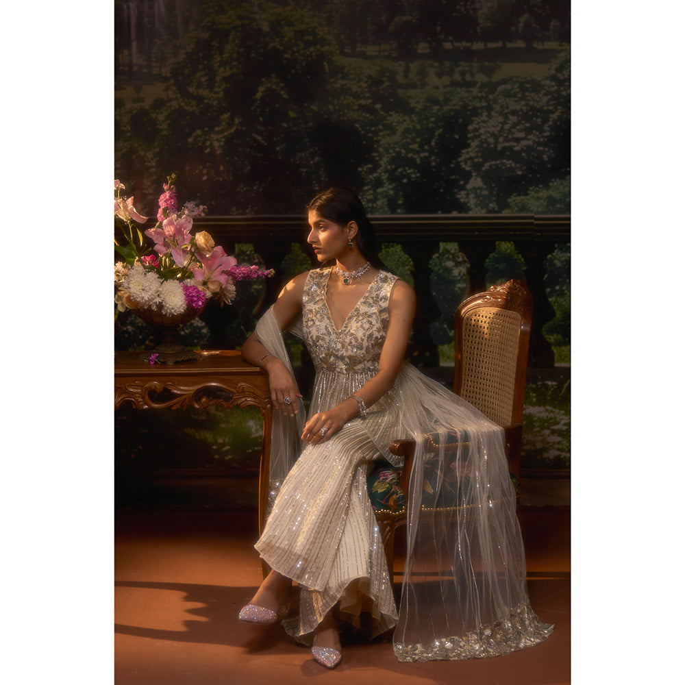 Muskan Aggarwal Womens Organza Sequined Ivory Co-Ord Set