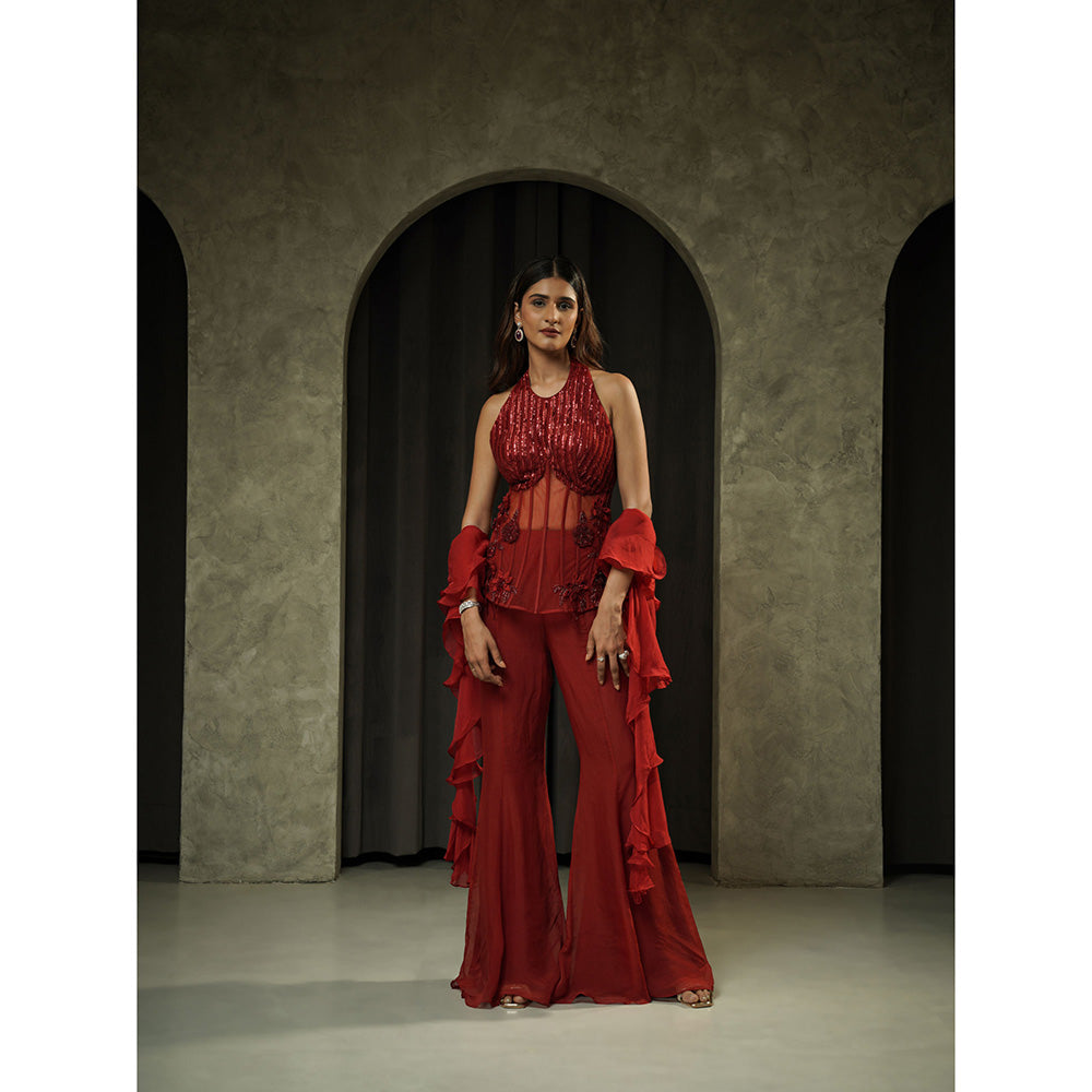Muskan Aggarwal Womens Organza Sequined Maroon Top With Sharara And Dupatta