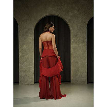Muskan Aggarwal Womens Organza Sequined Maroon Top With Sharara And Dupatta
