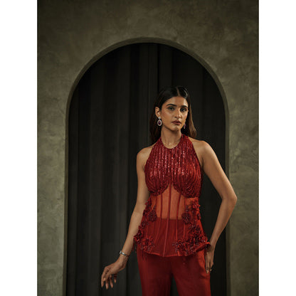 Muskan Aggarwal Womens Organza Sequined Maroon Top With Sharara And Dupatta