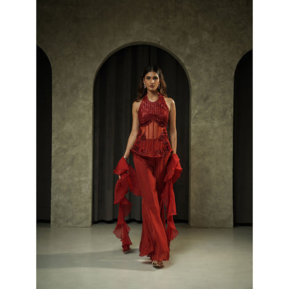 Muskan Aggarwal Womens Organza Sequined Maroon Top With Sharara And Dupatta