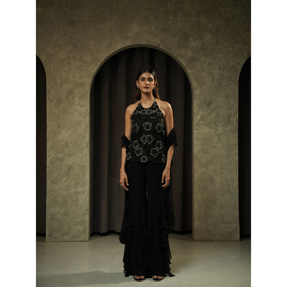 Muskan Aggarwal Womens Georgette Sequined Black Top with Sharara and Dupatta