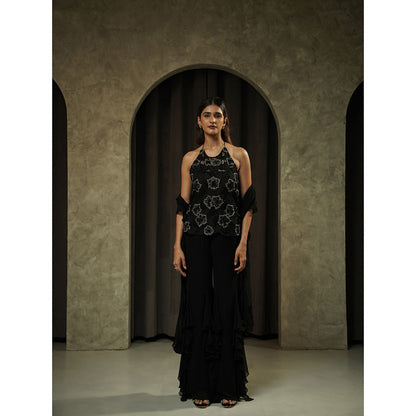 Muskan Aggarwal Womens Georgette Sequined Black Top with Sharara and Dupatta