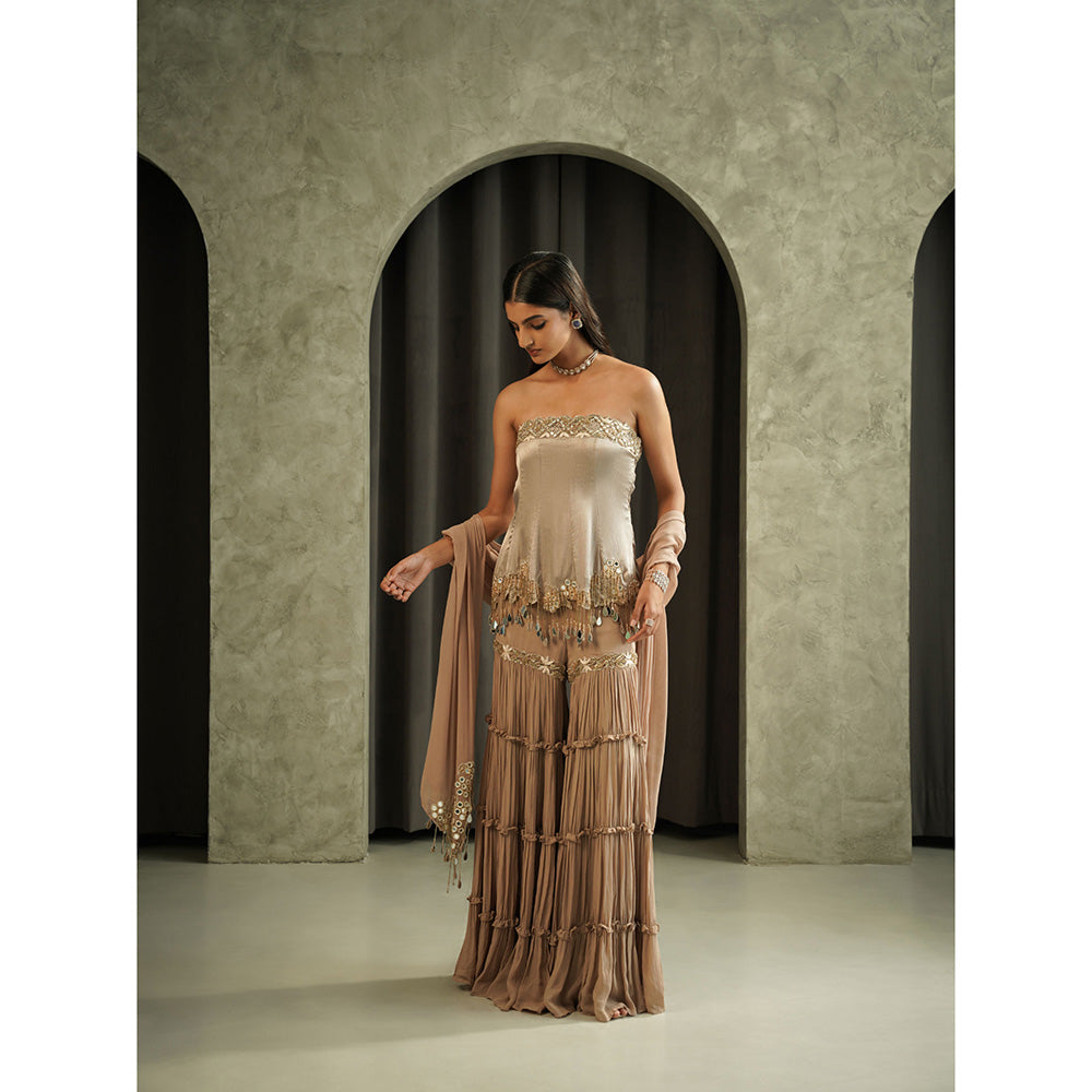 Muskan Aggarwal Womens Georgette Sequined Taupe Top with Sharara and Dupatta