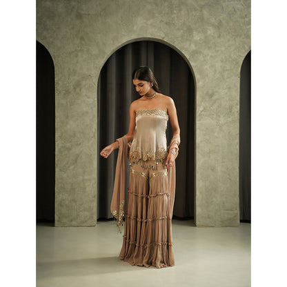Muskan Aggarwal Womens Georgette Sequined Taupe Top with Sharara and Dupatta