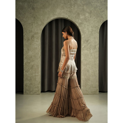 Muskan Aggarwal Womens Georgette Sequined Taupe Top with Sharara and Dupatta
