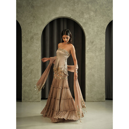 Muskan Aggarwal Womens Georgette Sequined Taupe Top with Sharara and Dupatta