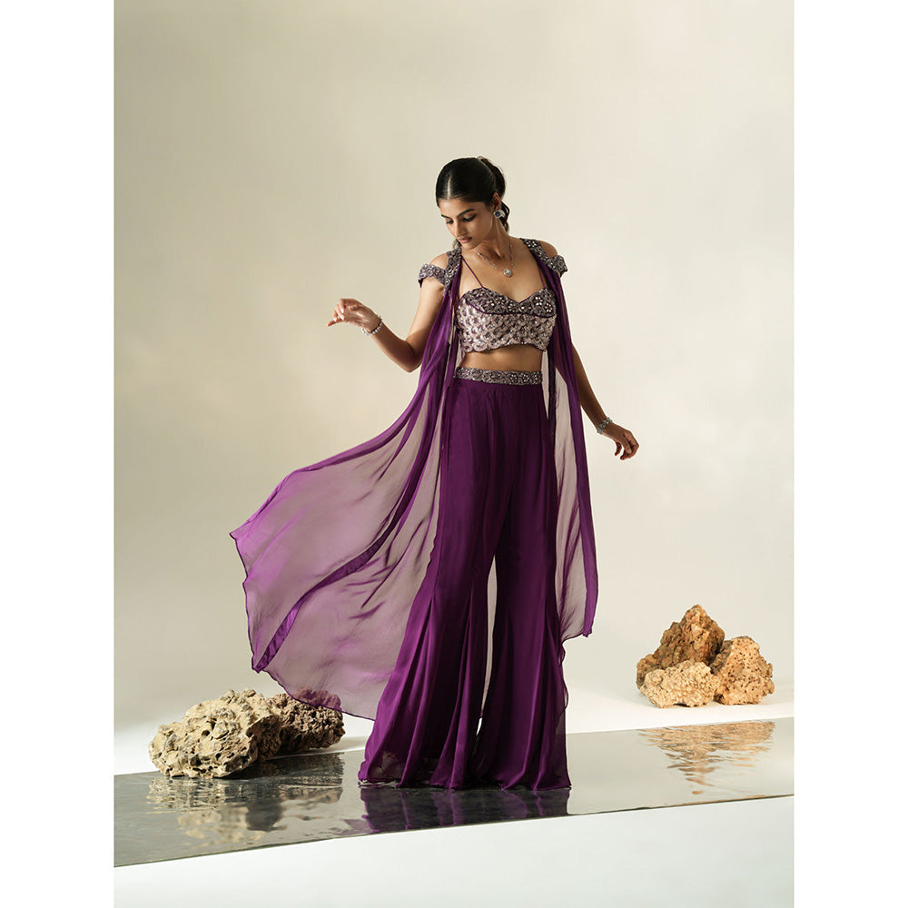 Muskan Aggarwal Womens Georgette Mirror Work Purple Crop Top with Sharara and Dupatta