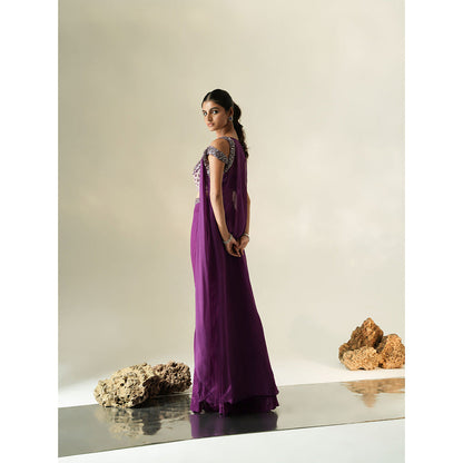 Muskan Aggarwal Womens Georgette Mirror Work Purple Crop Top with Sharara and Dupatta