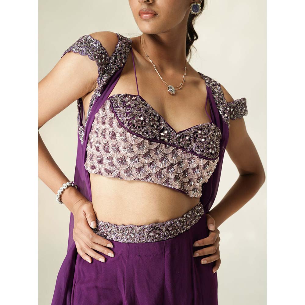 Muskan Aggarwal Womens Georgette Mirror Work Purple Crop Top with Sharara and Dupatta