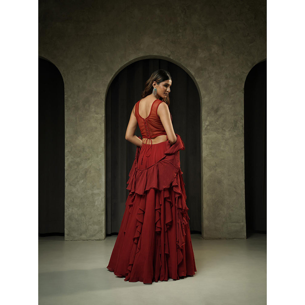 Muskan Aggarwal Red Corset Blouse with Ruffle Lehenga and Dupatta