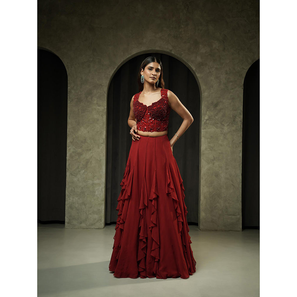 Muskan Aggarwal Red Corset Blouse with Ruffle Lehenga and Dupatta