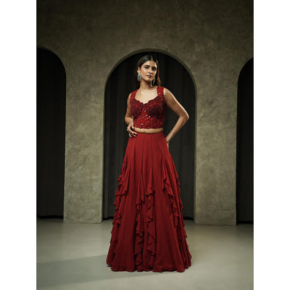 Muskan Aggarwal Red Corset Blouse with Ruffle Lehenga and Dupatta