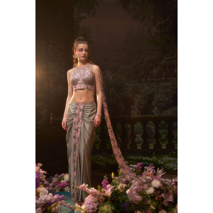 Muskan Aggarwal Women Satin Green Crop Top with Skirt