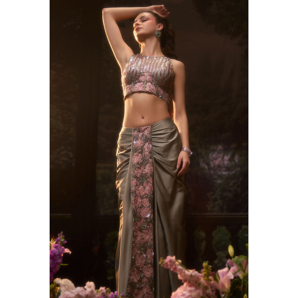 Muskan Aggarwal Women Satin Green Crop Top with Skirt