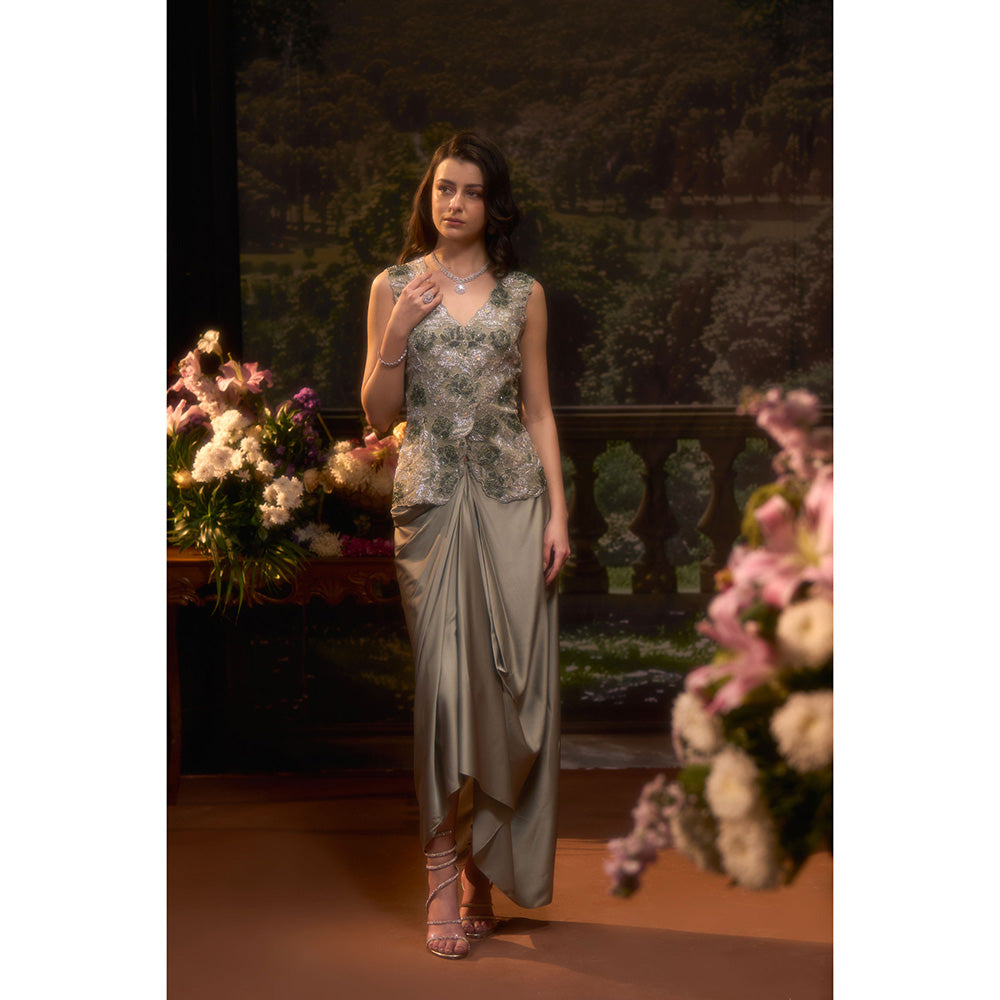 Muskan Aggarwal Women Satin Green Jacket Drape with Skirt