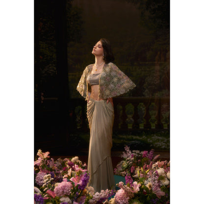 Muskan Aggarwal Women Georgette Green Stitched Blouse with Cape and Skirt