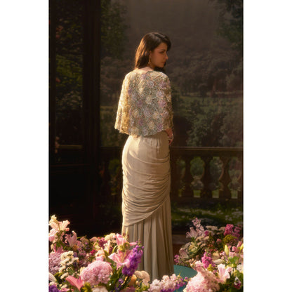 Muskan Aggarwal Women Georgette Green Stitched Blouse with Cape and Skirt