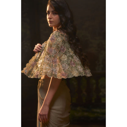 Muskan Aggarwal Women Georgette Green Stitched Blouse with Cape and Skirt