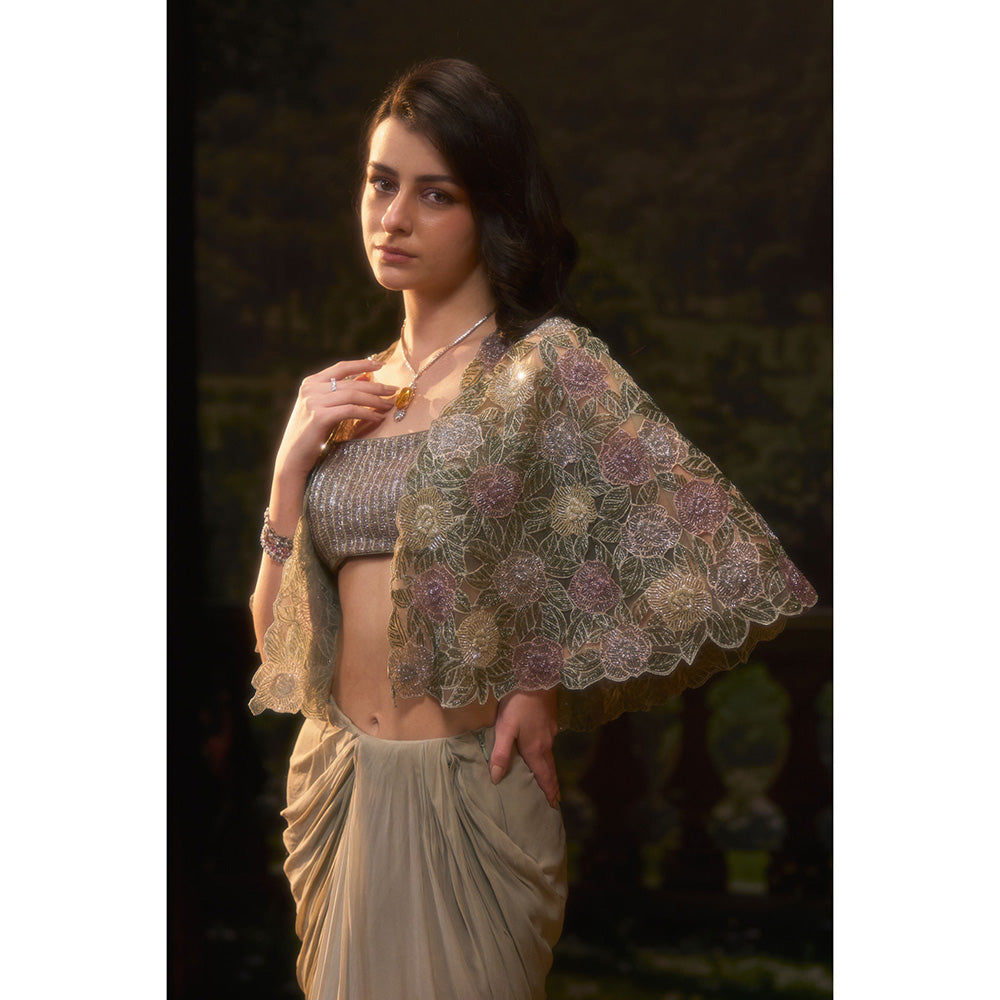 Muskan Aggarwal Women Georgette Green Stitched Blouse with Cape and Skirt