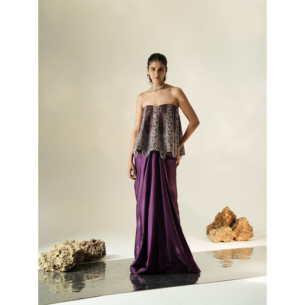 Muskan Aggarwal Exotic Plum Strapless Tassel Embroidered Top with Drape Skirt